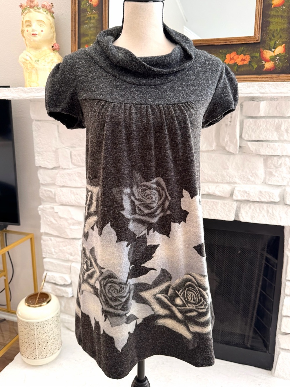 One Clothing Y2K Rose Sweater Dress M Gray Cowl Neck Stretch Tunic